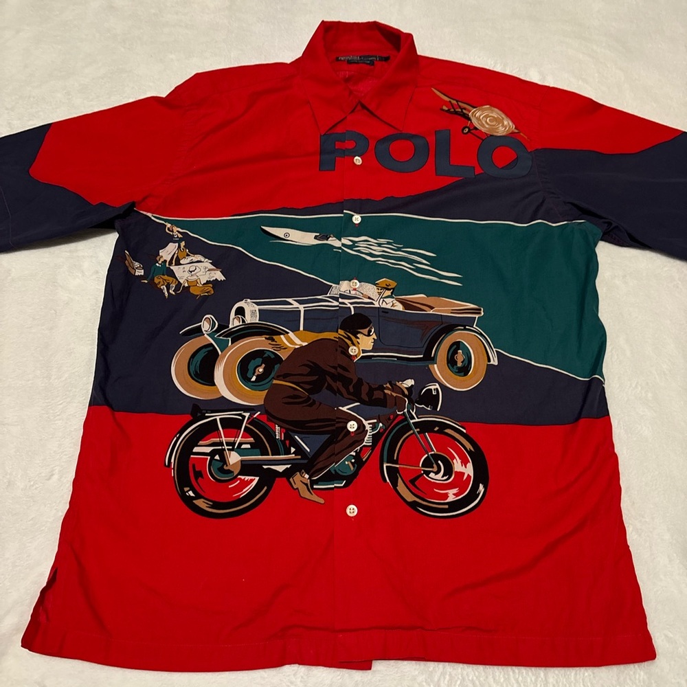 VTG Polo Ralph Lauren Plane Boat Car Motorcycle Racing Button Down S/S Shirt M